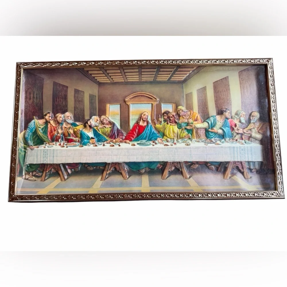 1960s/70s 8x15 3D‎ Textured The Last Supper Ornate Gold Framed Wall Hanging